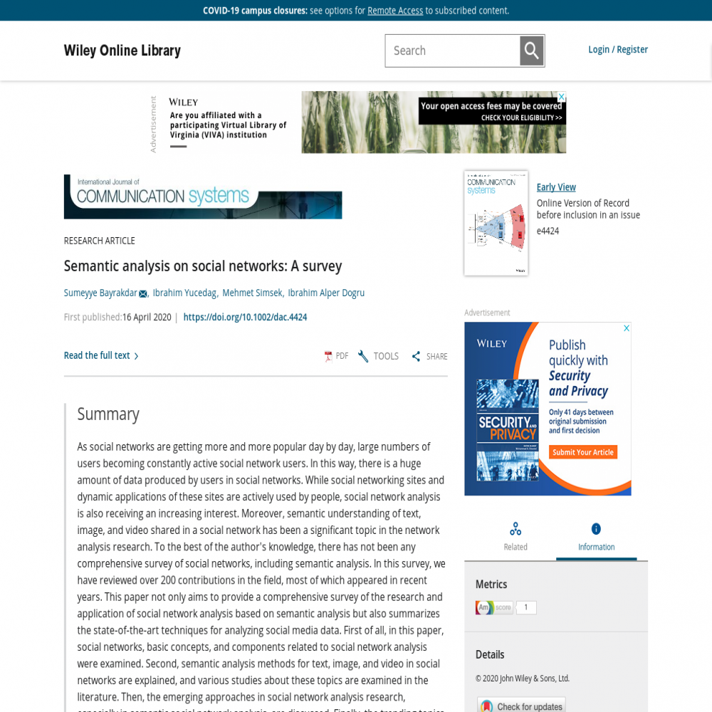 A healthcare social media research article published in International Journal of Digital & Analog Communication Systems, April 16, 2020