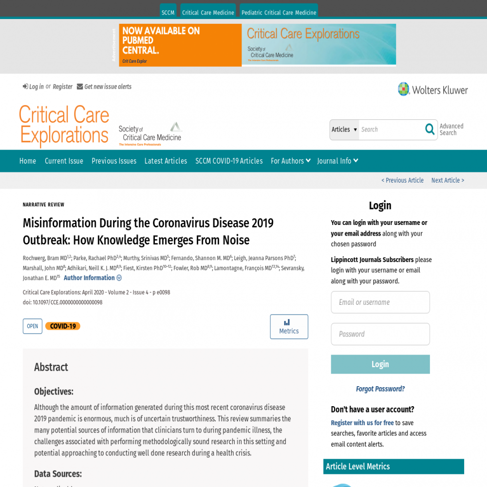 A healthcare social media research article published in Critical Care Explorations, April 1, 2020