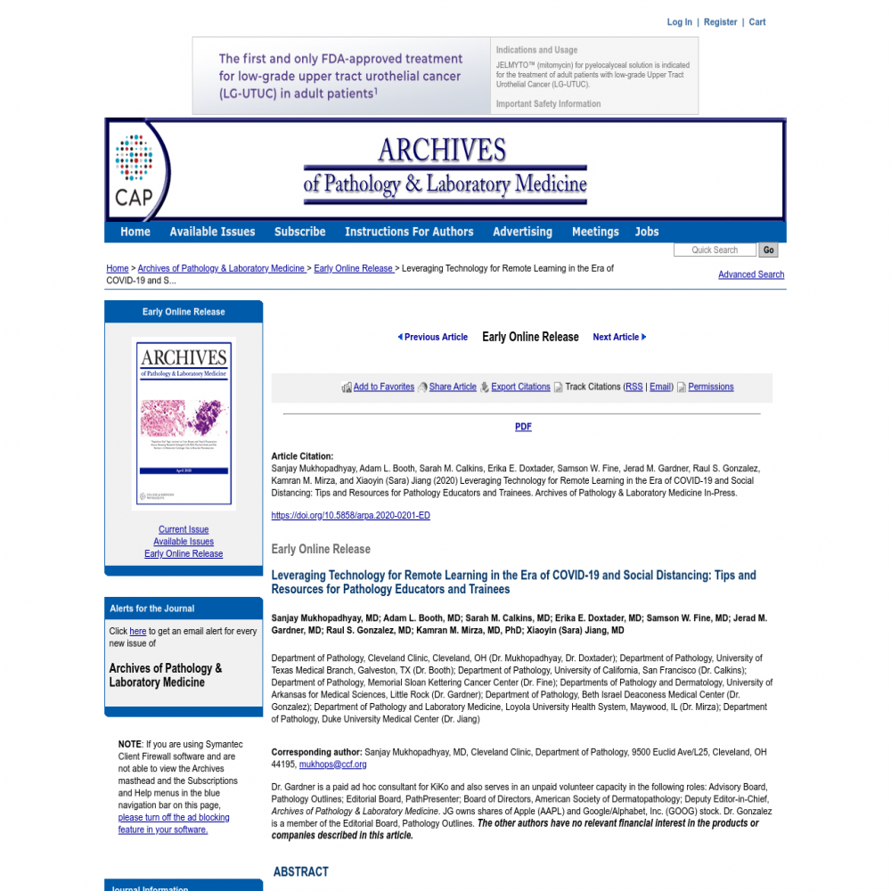A healthcare social media research article published in Archives of Pathology & Laboratory Medicine, May 4, 2020