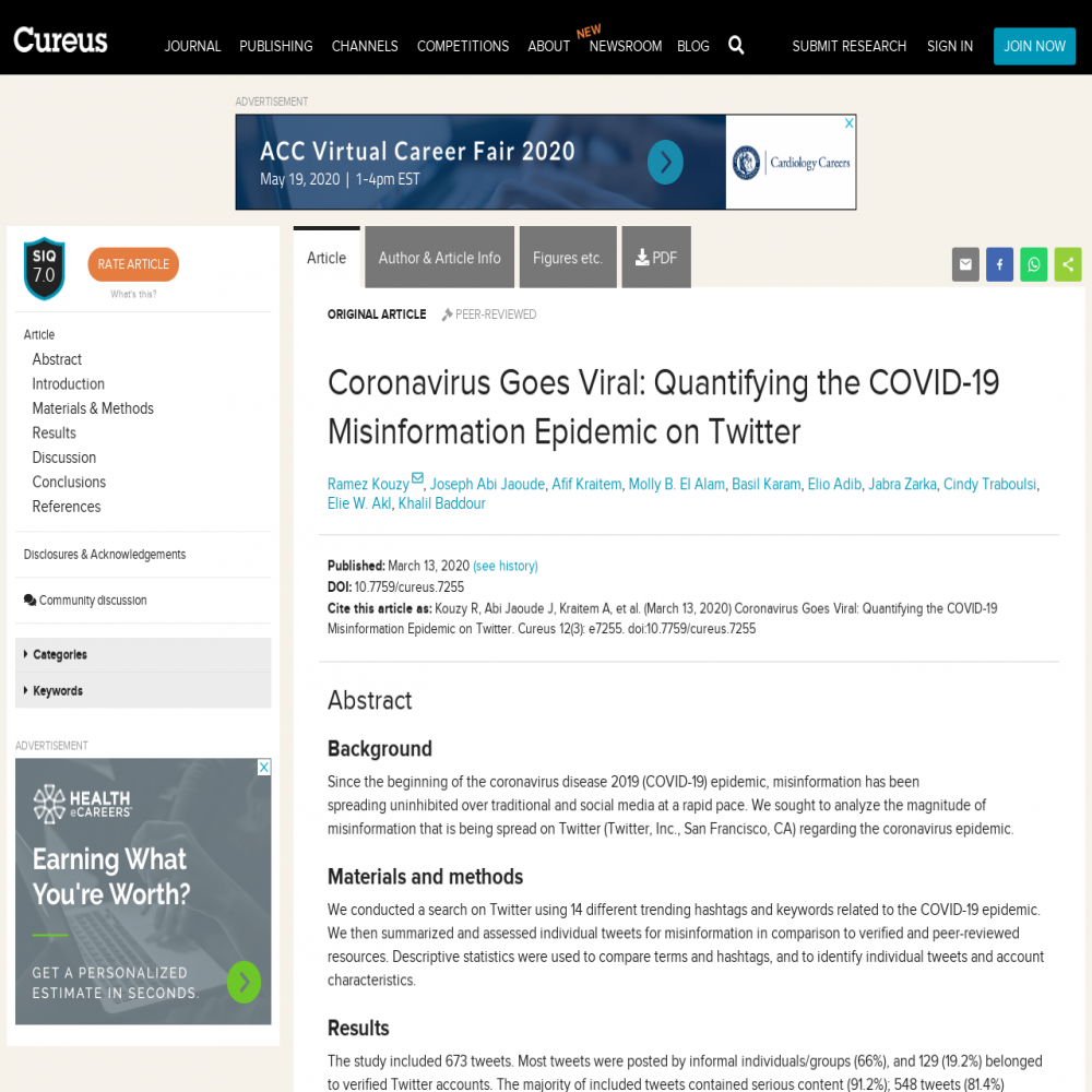 A healthcare social media research article published in Cureus, March 13, 2020