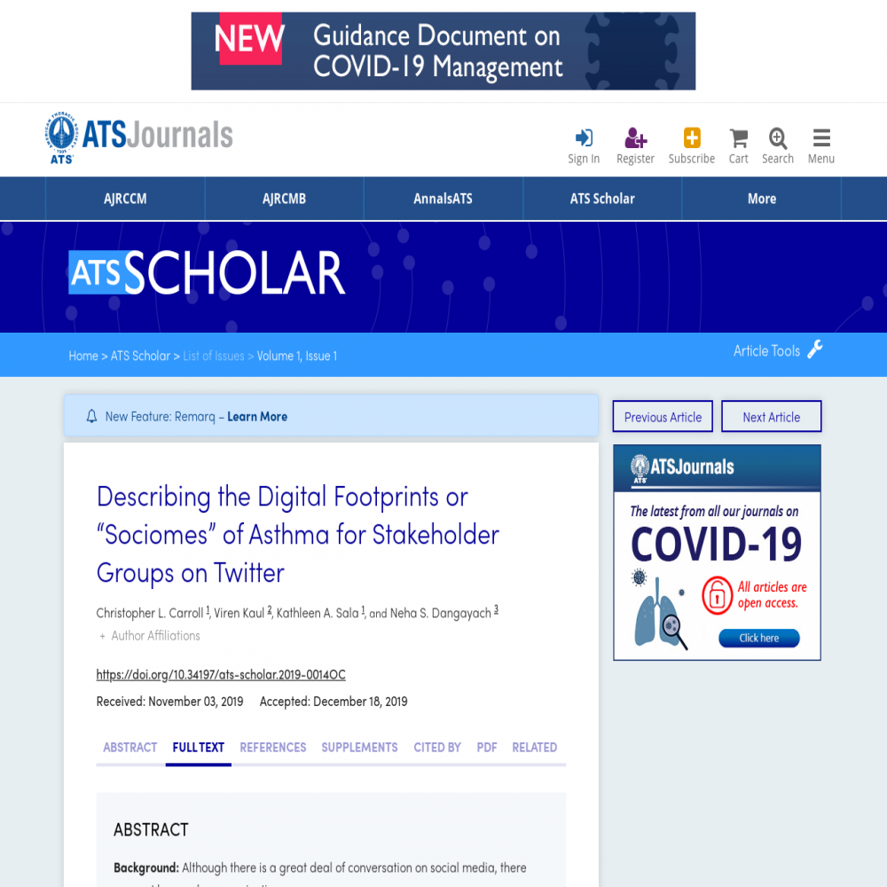 A healthcare social media research article published in ATS Scholar, March 1, 2020
