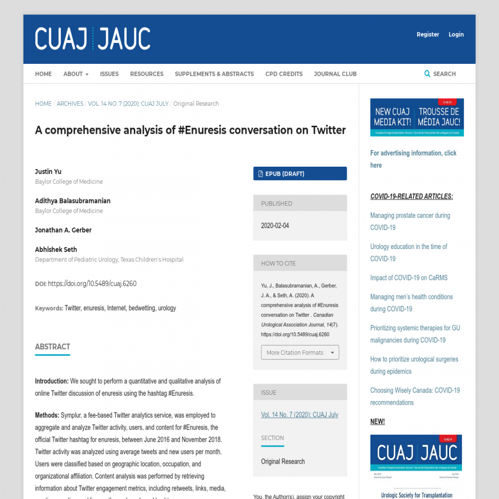 A healthcare social media research article published in Canadian Urological Association Journal, February 4, 2020