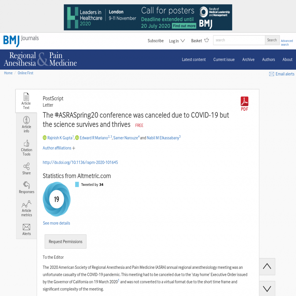 A healthcare social media research article published in Regional Anesthesia & Pain Medicine, May 13, 2020