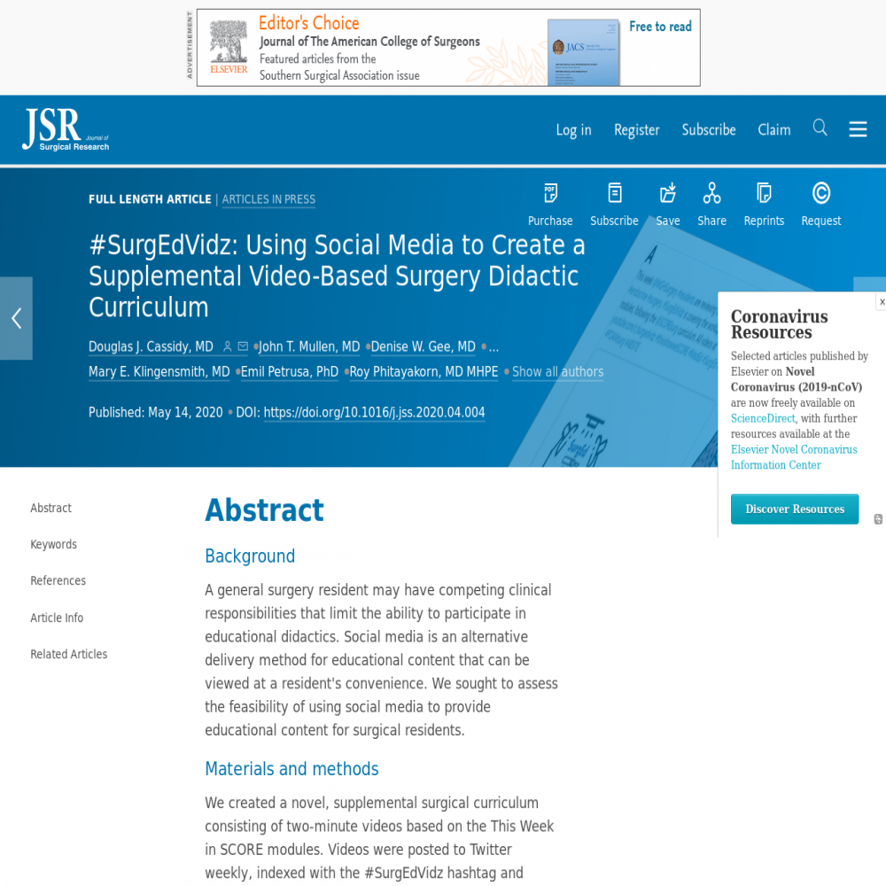 A healthcare social media research article published in Journal of Surgical Research, December 1, 2020