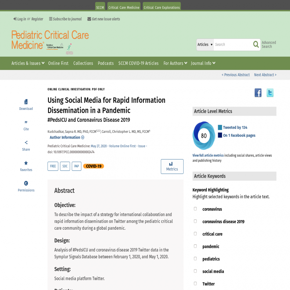 A healthcare social media research article published in Pediatric Critical Care Medicine, May 27, 2020