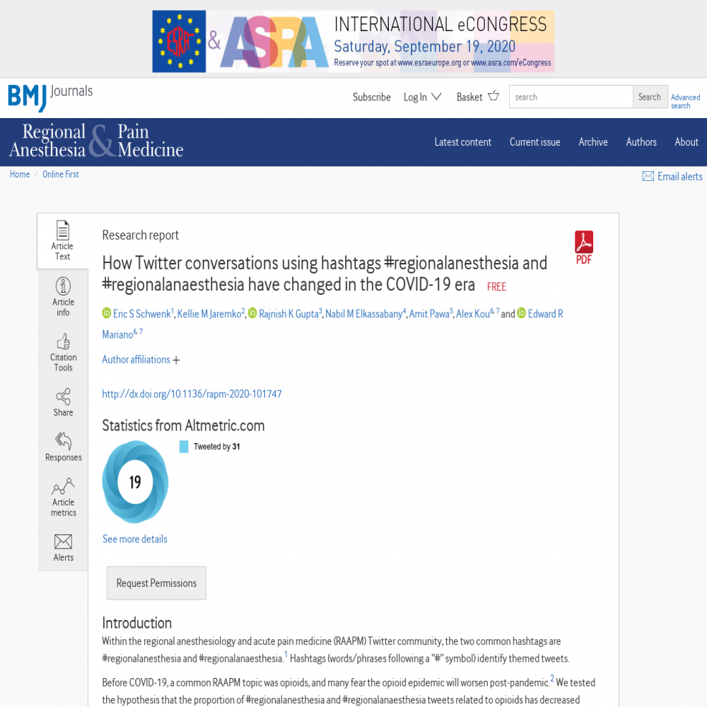 A healthcare social media research article published in Regional Anesthesia & Pain Medicine, July 2, 2020