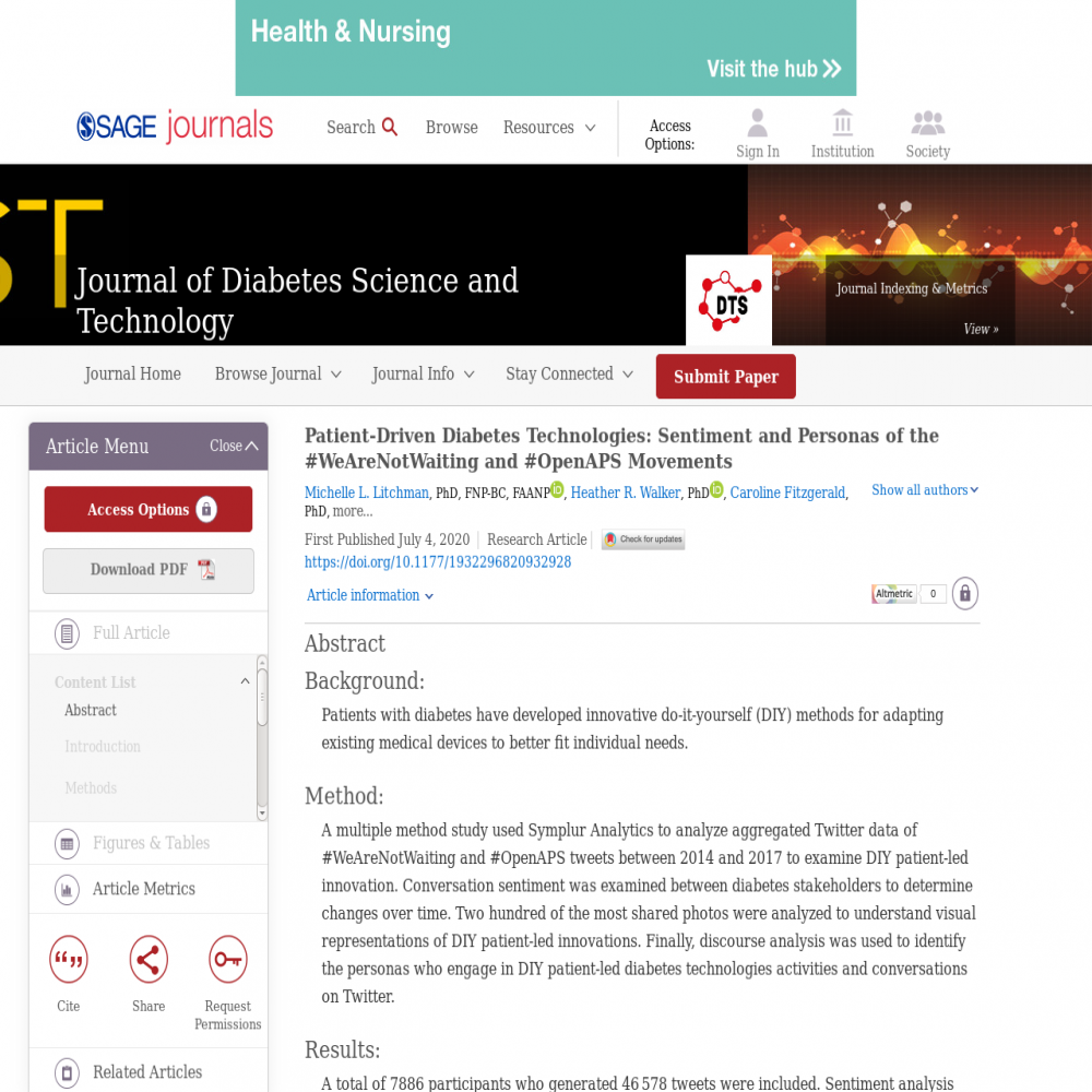 A healthcare social media research article published in Journal of Diabetes Science and Technology, July 4, 2020