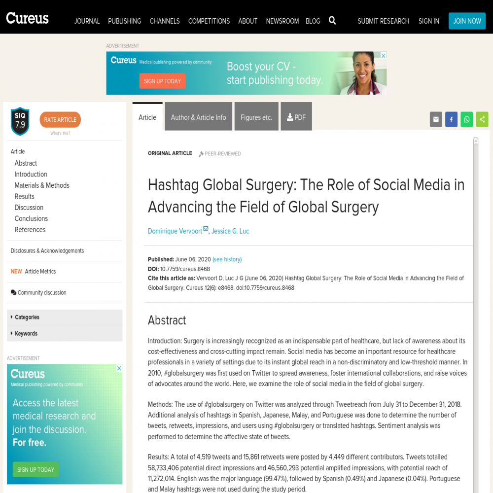 A healthcare social media research article published in Cureus, June 6, 2020