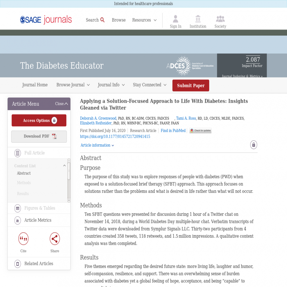 A healthcare social media research article published in The Diabetes Educator, July 16, 2020