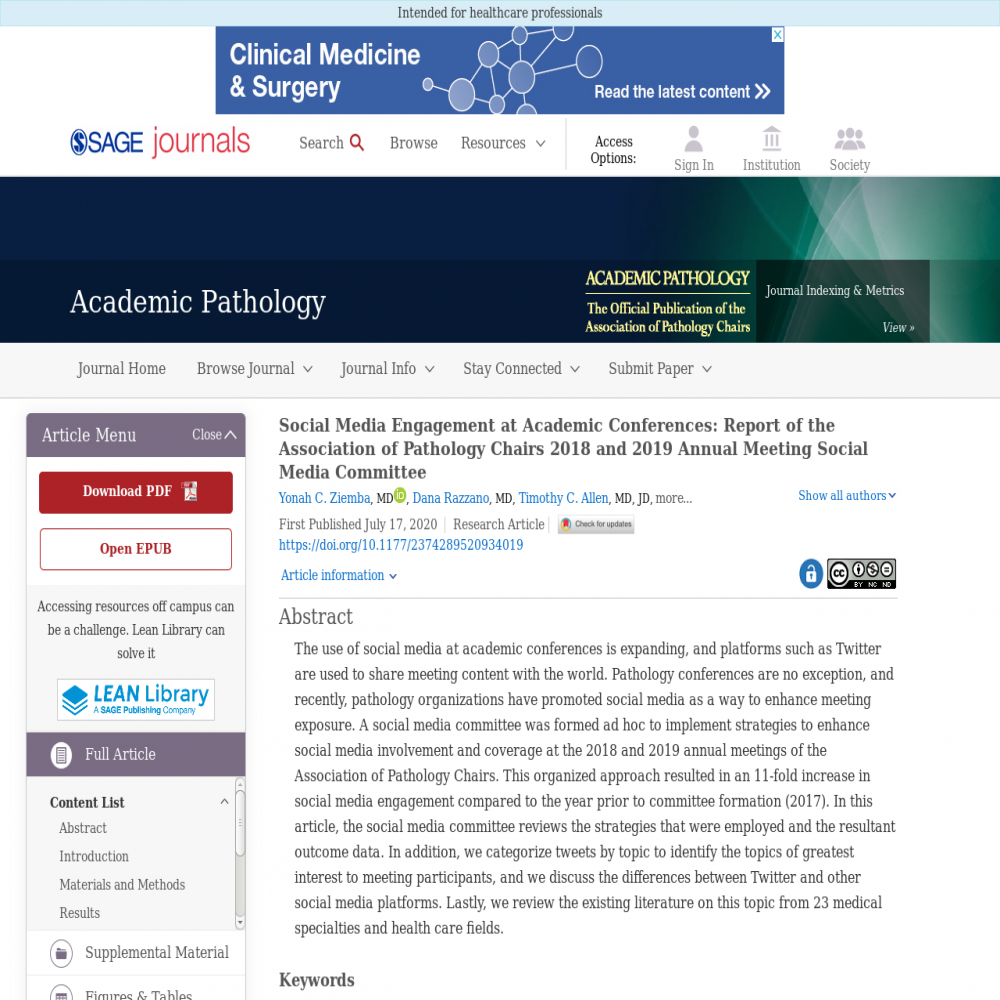 A healthcare social media research article published in Academic Pathology, July 17, 2020
