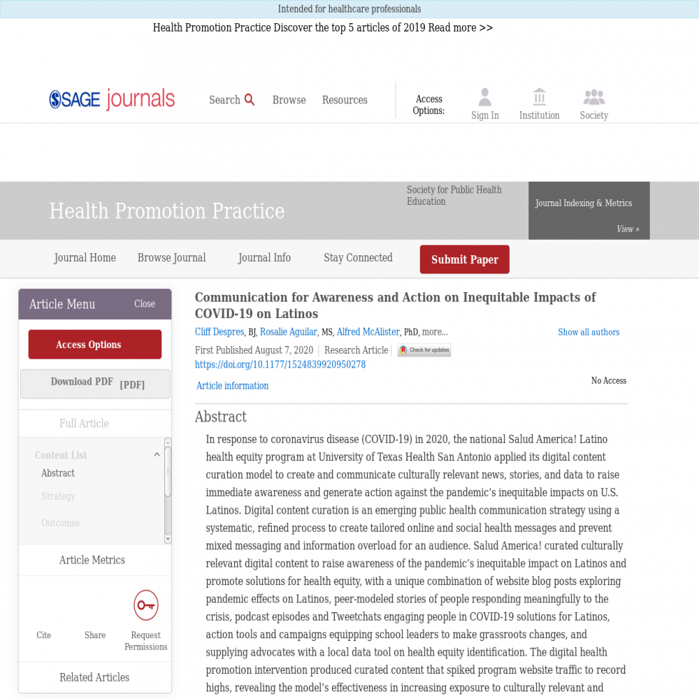 A healthcare social media research article published in Health Promotion Practice, August 7, 2020