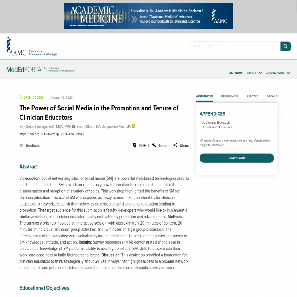 A healthcare social media research article published in MedEdPORTAL, August 10, 2020