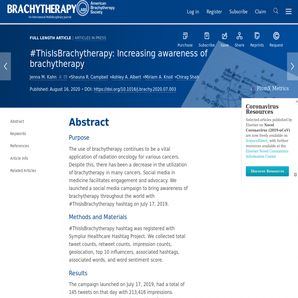 A healthcare social media research article published in Brachytherapy, August 1, 2020