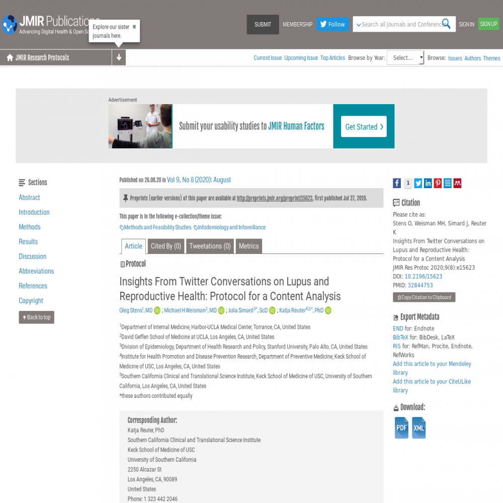 A healthcare social media research article published in JMIR Research Protocols, August 26, 2020