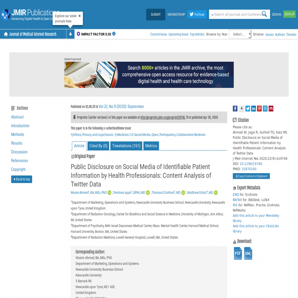 A healthcare social media research article published in Journal of Medical Internet Research, September 1, 2020