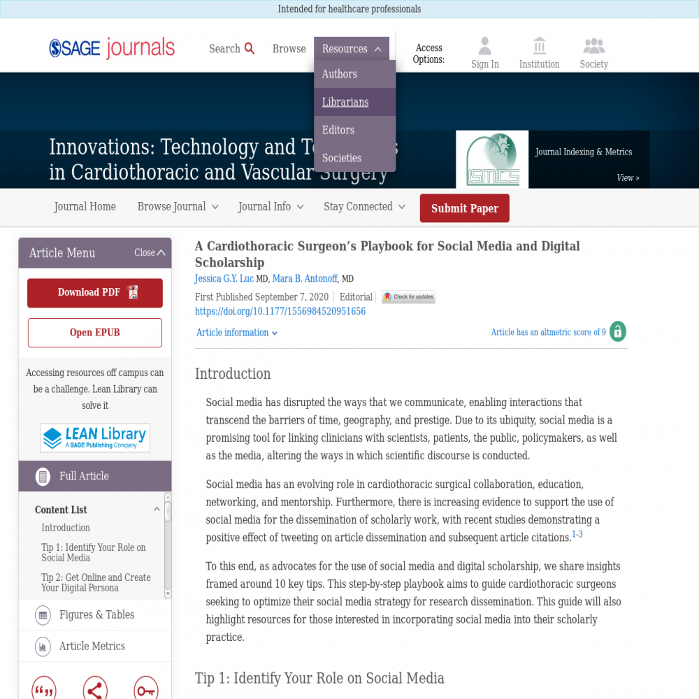 A healthcare social media research article published in Innovations: Technology and Techniques in Cardiothoracis and vascular Surgery, September 7, 2020