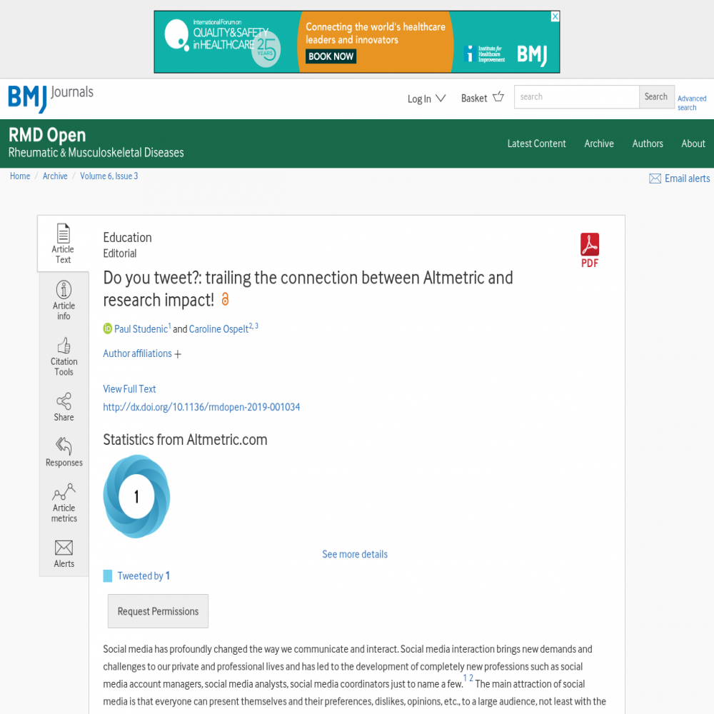 A healthcare social media research article published in RMD Open, September 18, 2020