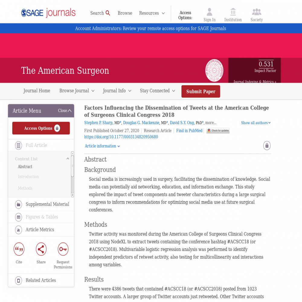 A healthcare social media research article published in The American Surgeon, October 27, 2020