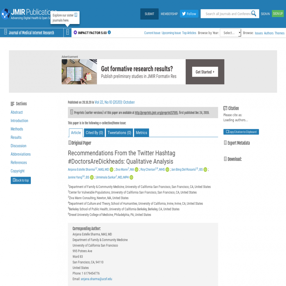 A healthcare social media research article published in Journal of Medical Internet Research, October 28, 2020