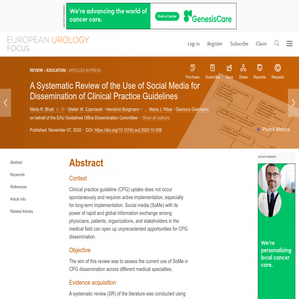 A healthcare social media research article published in European Urology Focus, November 1, 2020
