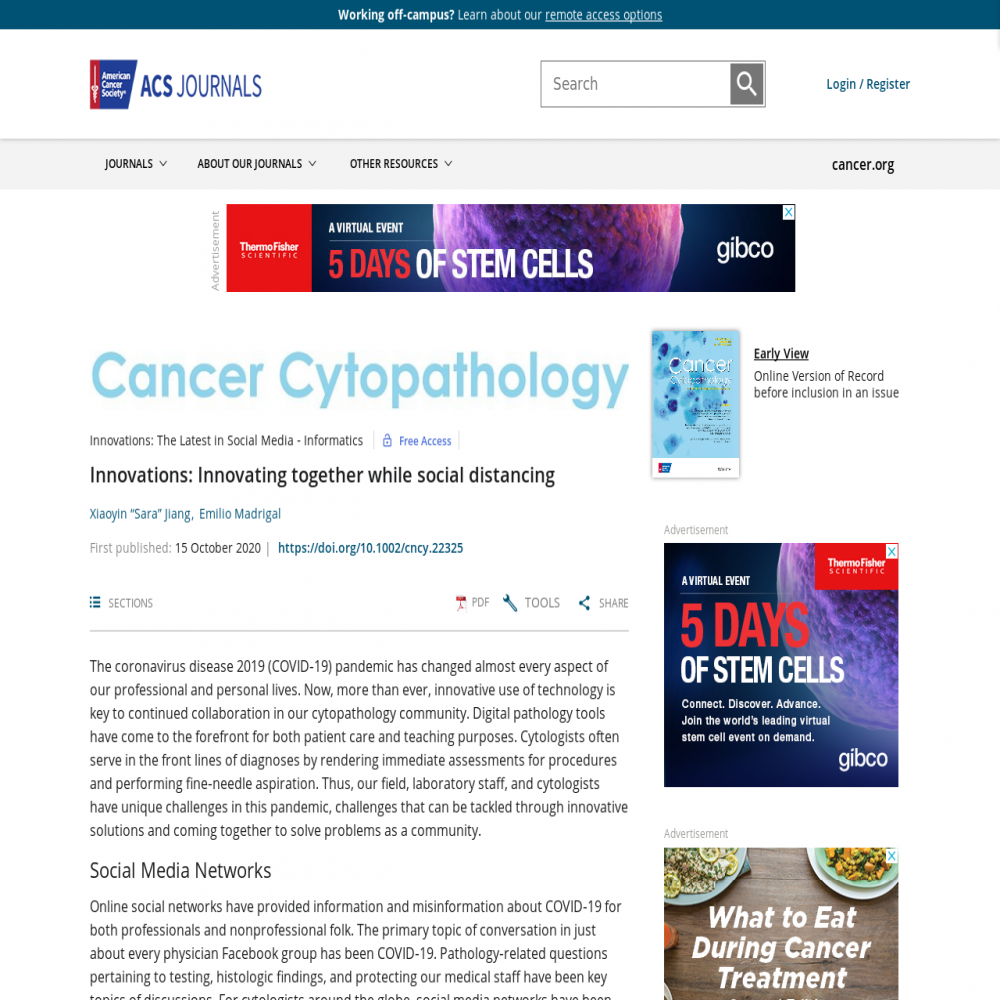 A healthcare social media research article published in Cancer Cytopathology, October 15, 2020