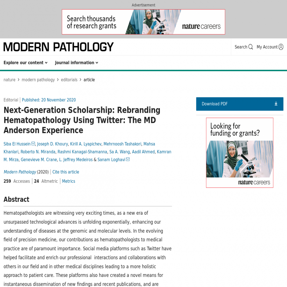 A healthcare social media research article published in Modern Pathology, November 20, 2020