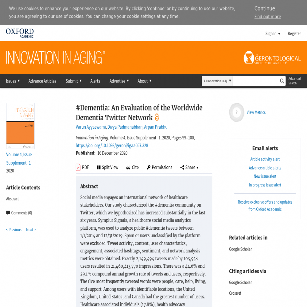 A healthcare social media research article published in Innovation in Aging, December 16, 2020