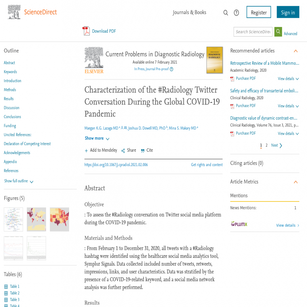 A healthcare social media research article published in Current Problems in Diagnostic Radiology, May 1, 2021