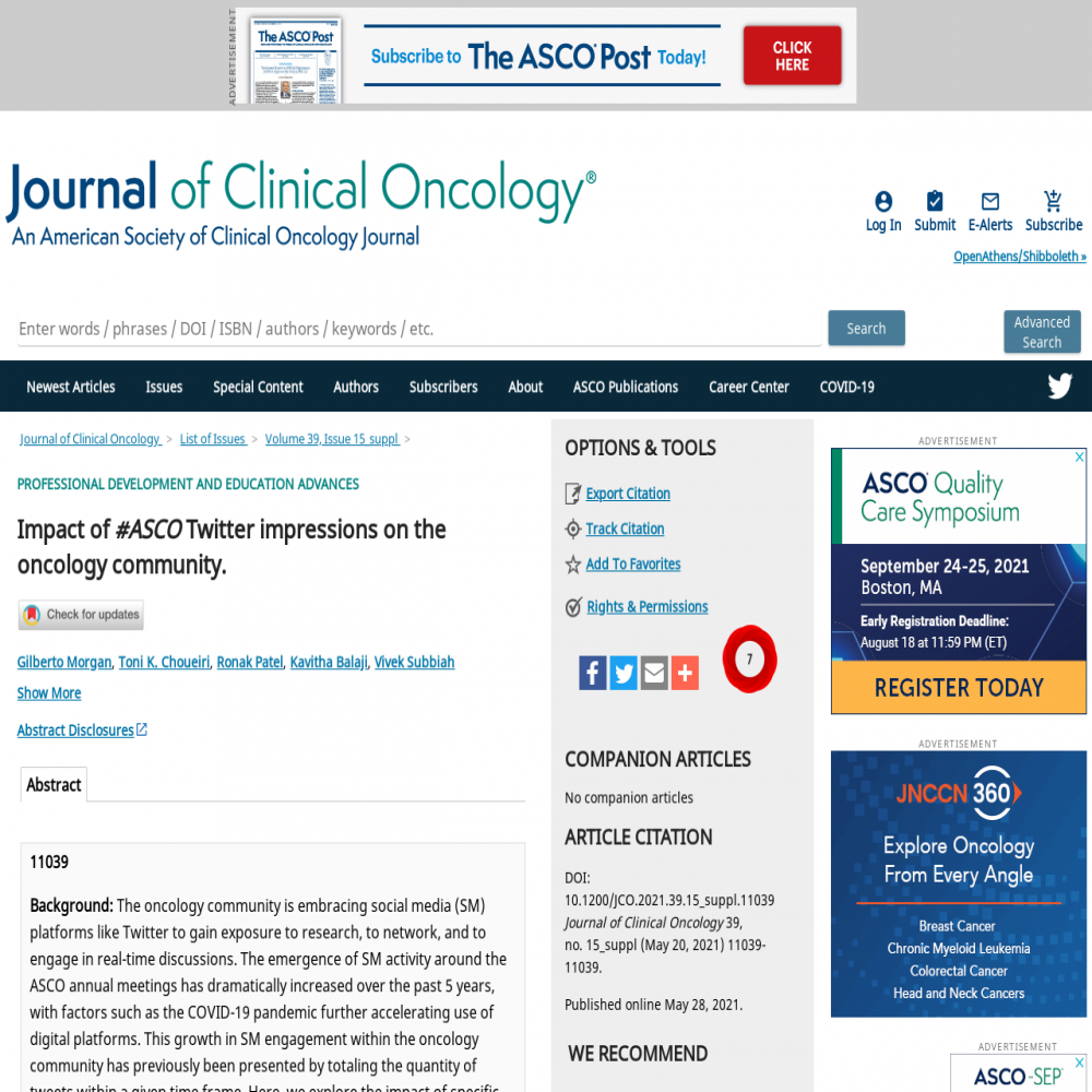 A healthcare social media research article published in Journal of Clinical Oncology, May 20, 2021