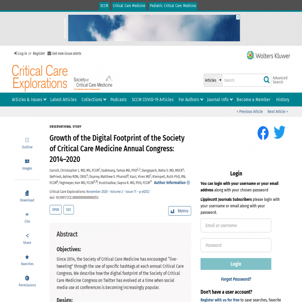 A healthcare social media research article published in Critical Care Explorations, November 12, 2020