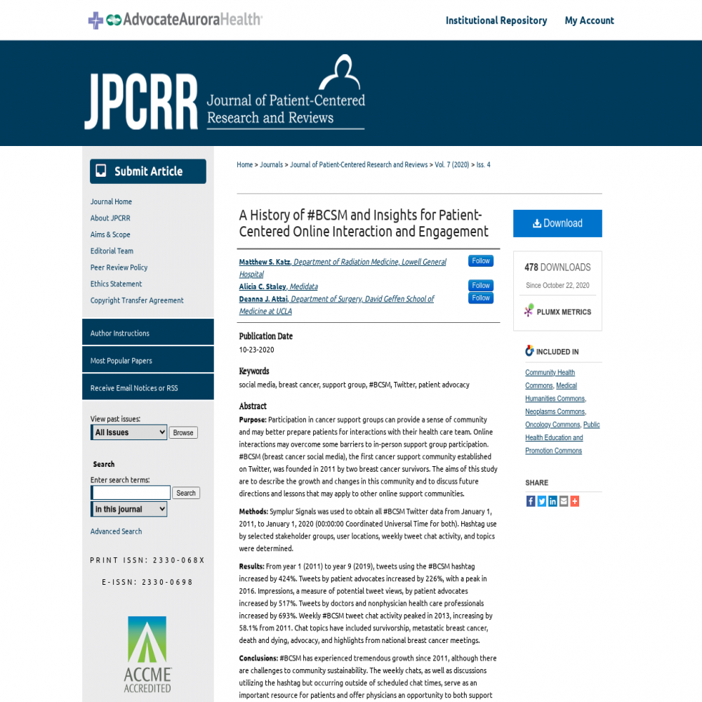 A healthcare social media research article published in Journal of Patient-Centered Research and Reviews, October 23, 2020