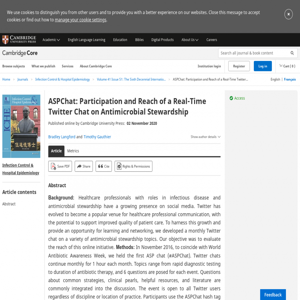 A healthcare social media research article published in Infection control and hospital epidemiology (Online), November 2, 2020