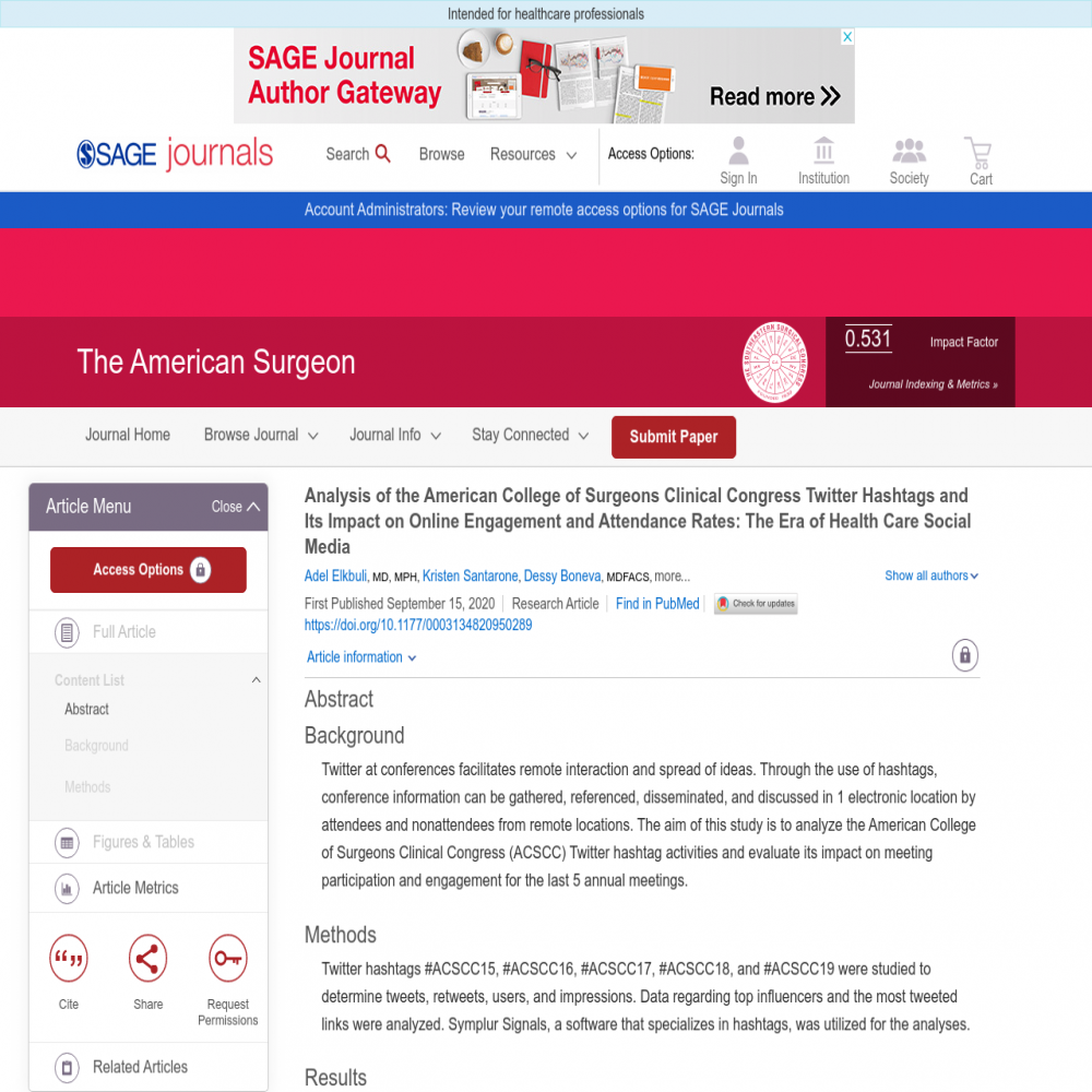 A healthcare social media research article published in The American Surgeon, September 15, 2020