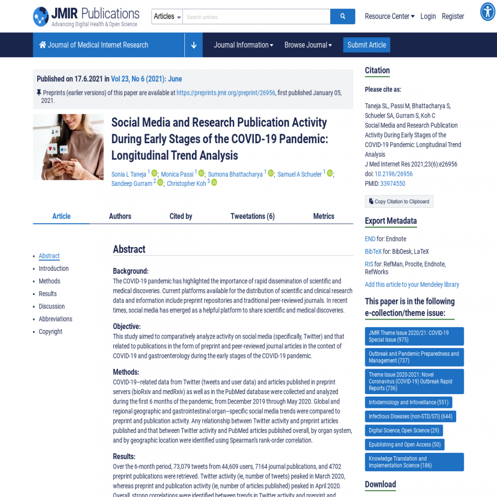 A healthcare social media research article published in Journal of Medical Internet Research, June 17, 2021