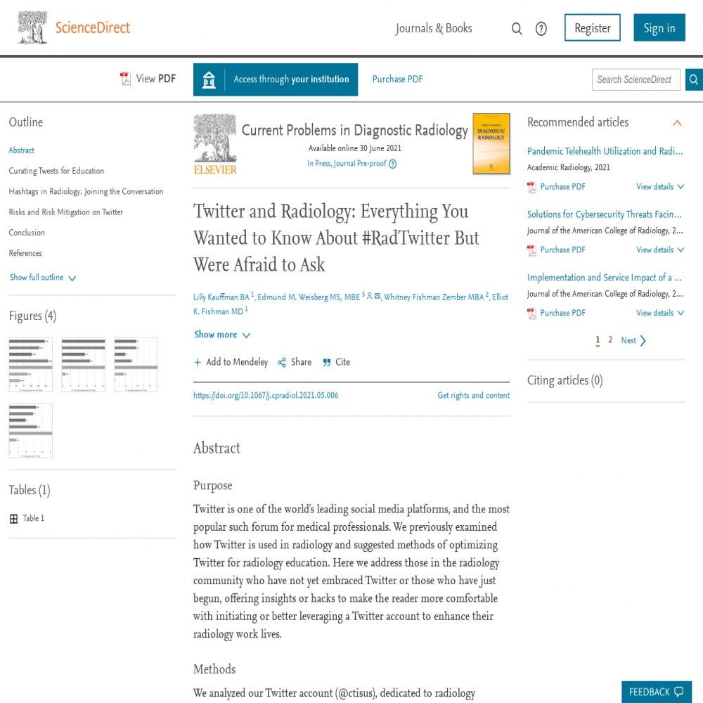 A healthcare social media research article published in Current Problems in Diagnostic Radiology, June 1, 2021