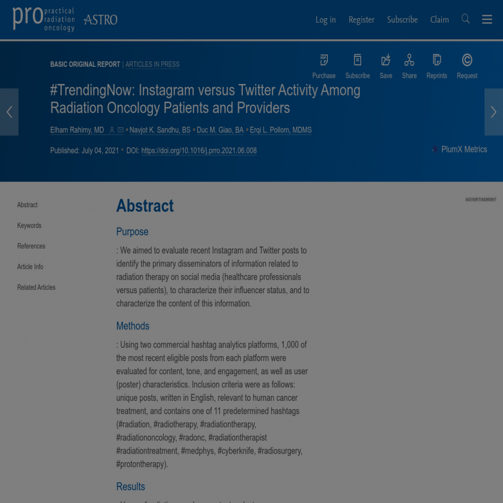 A healthcare social media research article published in Practical Radiation Oncology, July 1, 2021