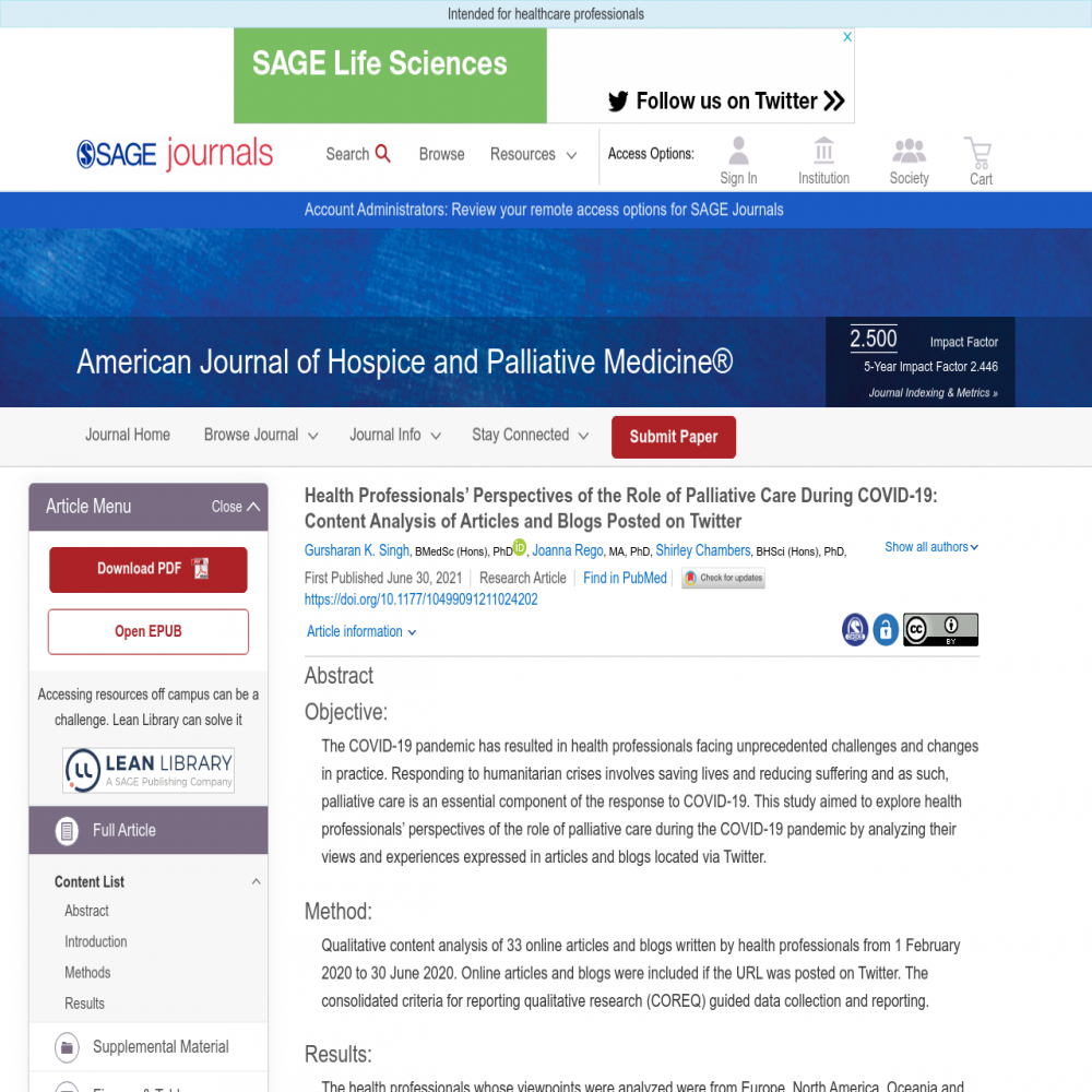 A healthcare social media research article published in American Journal of Hospice and Palliative Medicine®, June 30, 2021