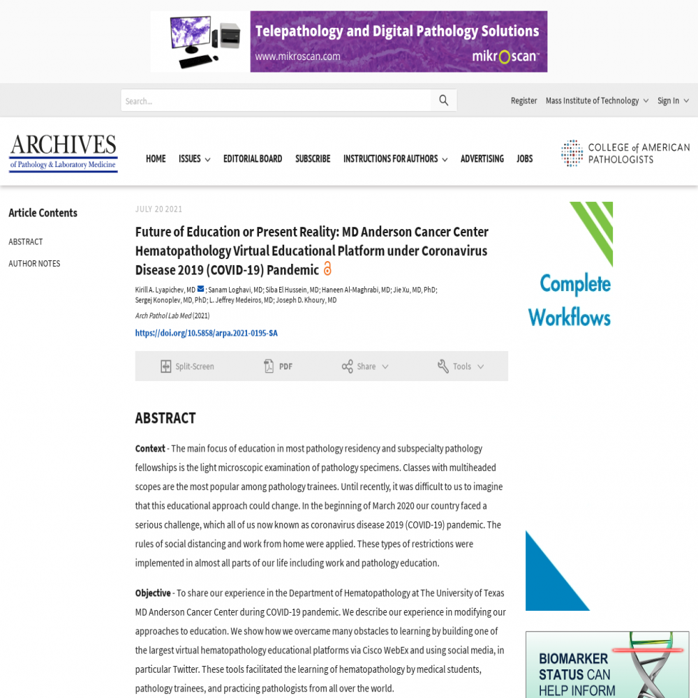 A healthcare social media research article published in Archives of Pathology & Laboratory Medicine, July 20, 2021