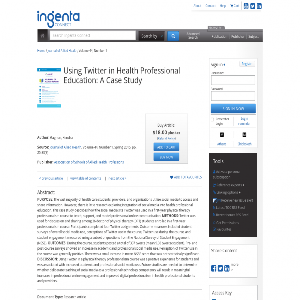 A healthcare social media research article published in Journal of Allied Health, January 1, 2015