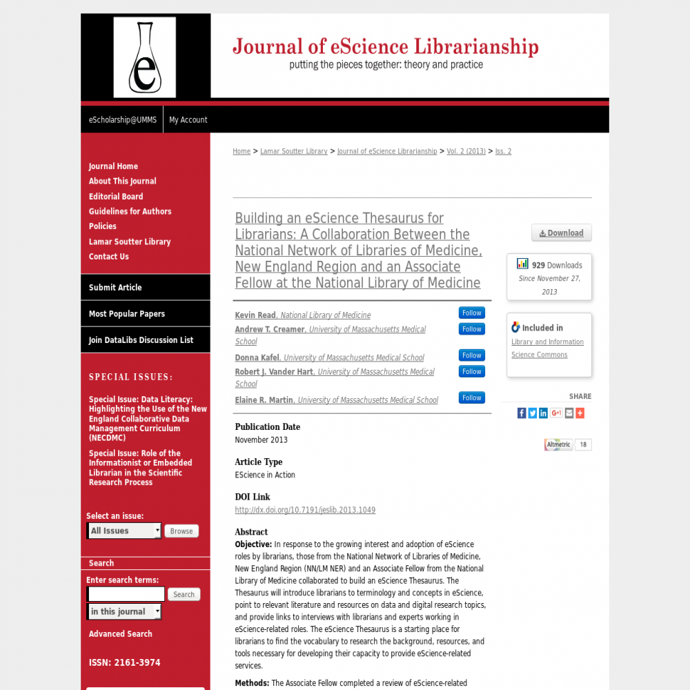 A healthcare social media research article published in Journal of eScience Librarianship, November 27, 2013