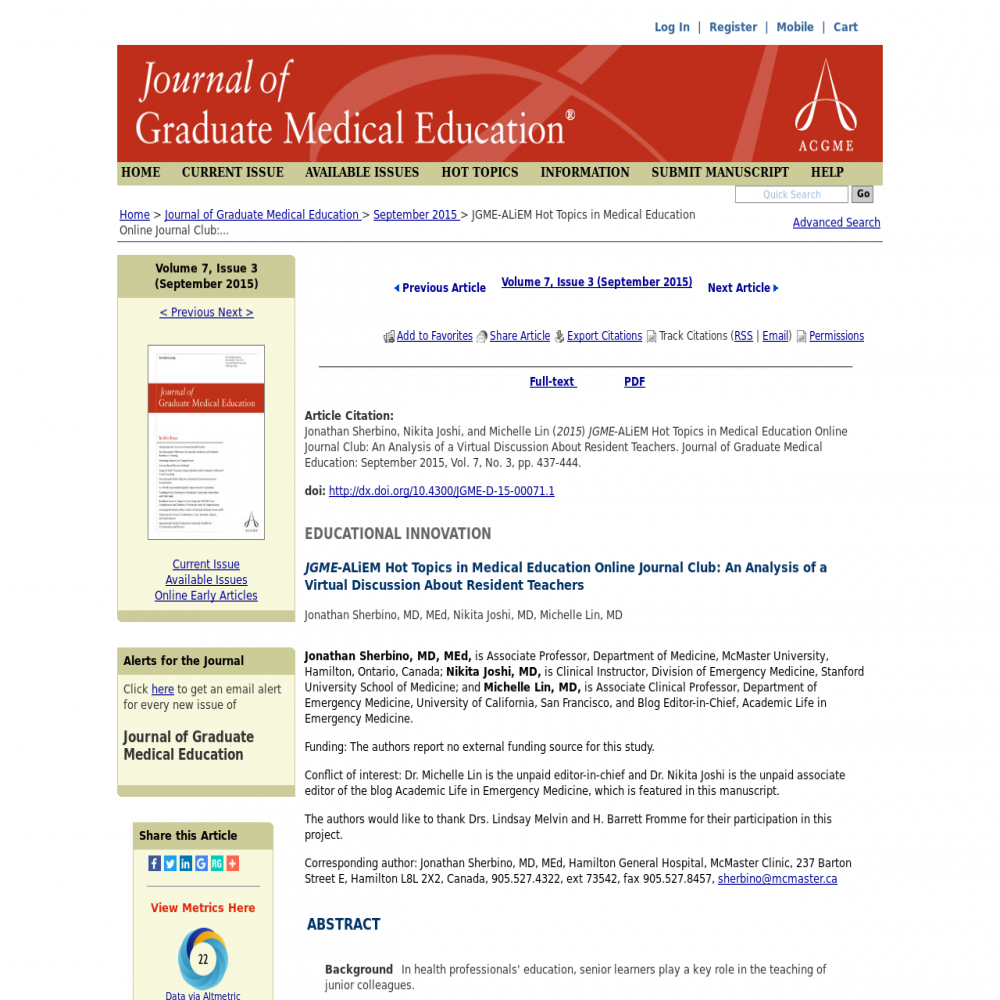 A healthcare social media research article published in Journal of Graduate Medical Education, September 1, 2015