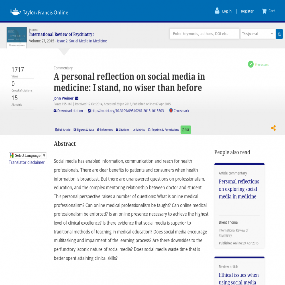 A healthcare social media research article published in International Review of Psychiatry, April 7, 2015