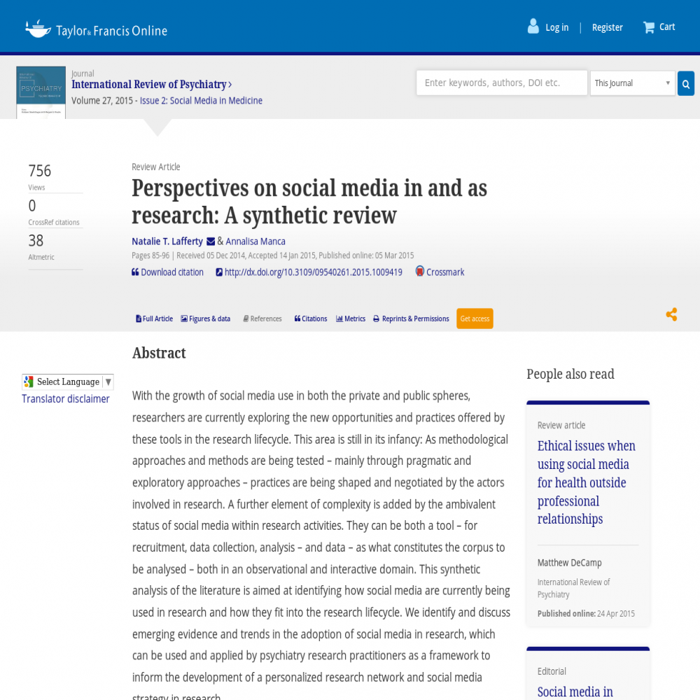 A healthcare social media research article published in International Review of Psychiatry, March 5, 2015