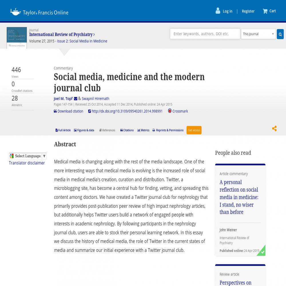 A healthcare social media research article published in International Review of Psychiatry, April 24, 2015