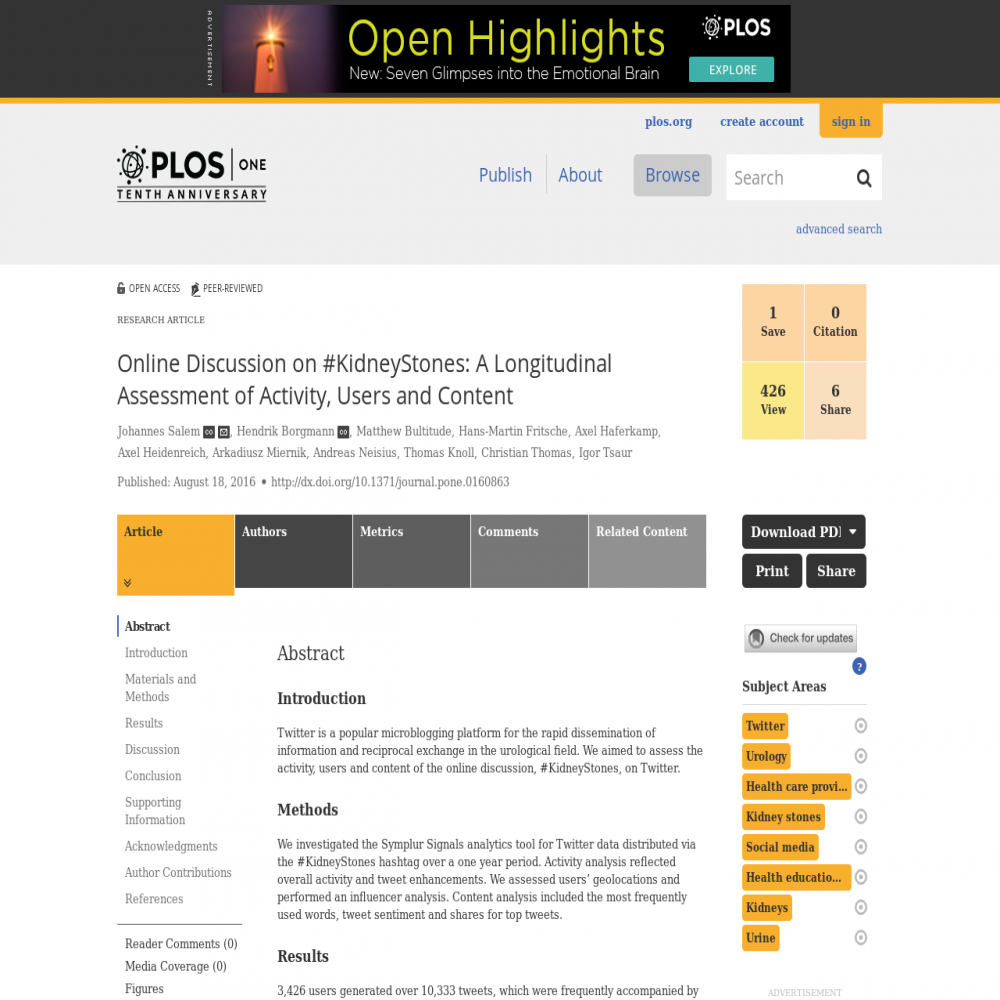 A healthcare social media research article published in PLoS ONE, August 18, 2016