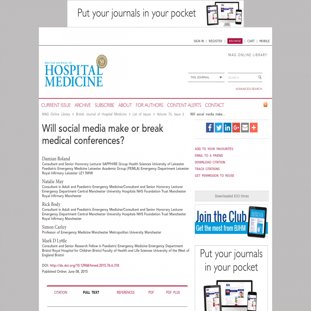 A healthcare social media research article published in British Journal of Hospital Medicine (17508460), June 2, 2015