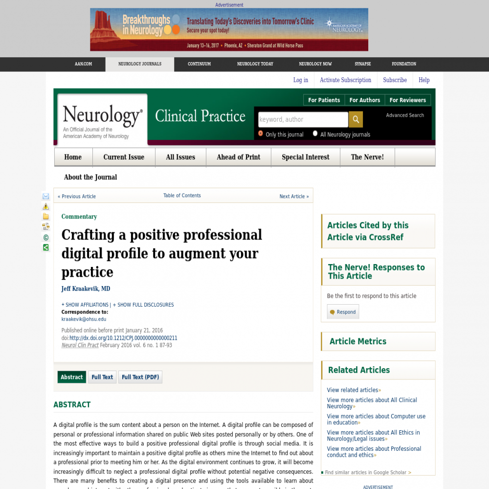 A healthcare social media research article published in Neurology Clinical Practice, January 21, 2016