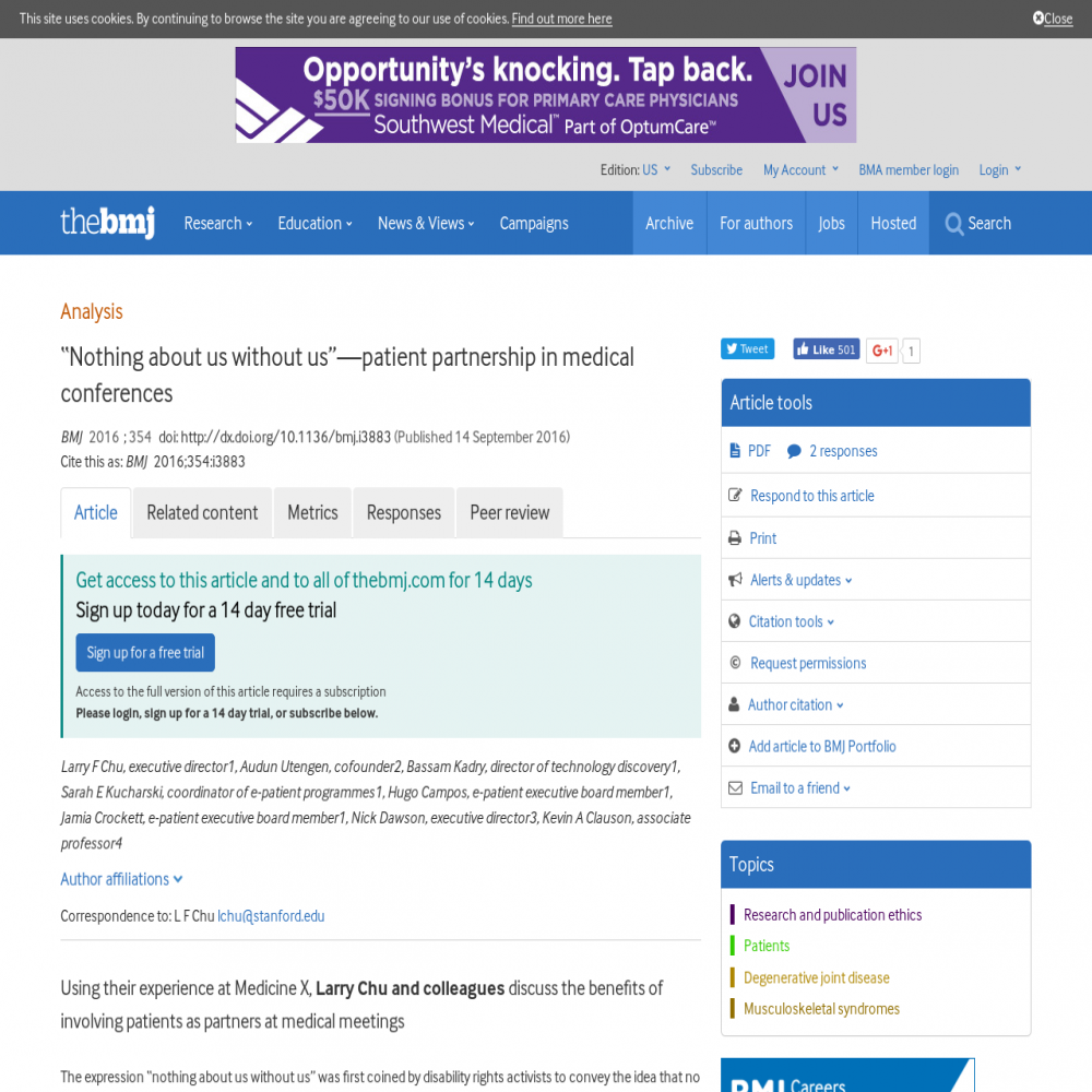 A healthcare social media research article published in British Medical Journal, September 14, 2016