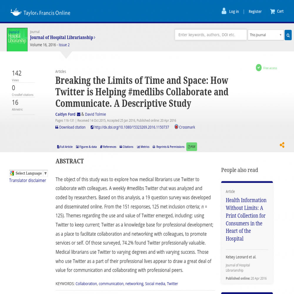 A healthcare social media research article published in Journal of Hospital Librarianship, April 20, 2016