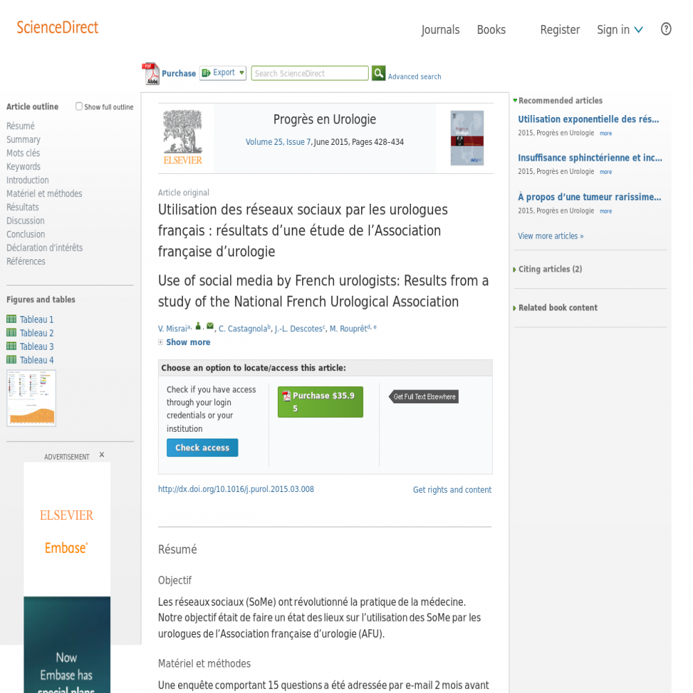 A healthcare social media research article published in Progrès en Urologie, June 1, 2015